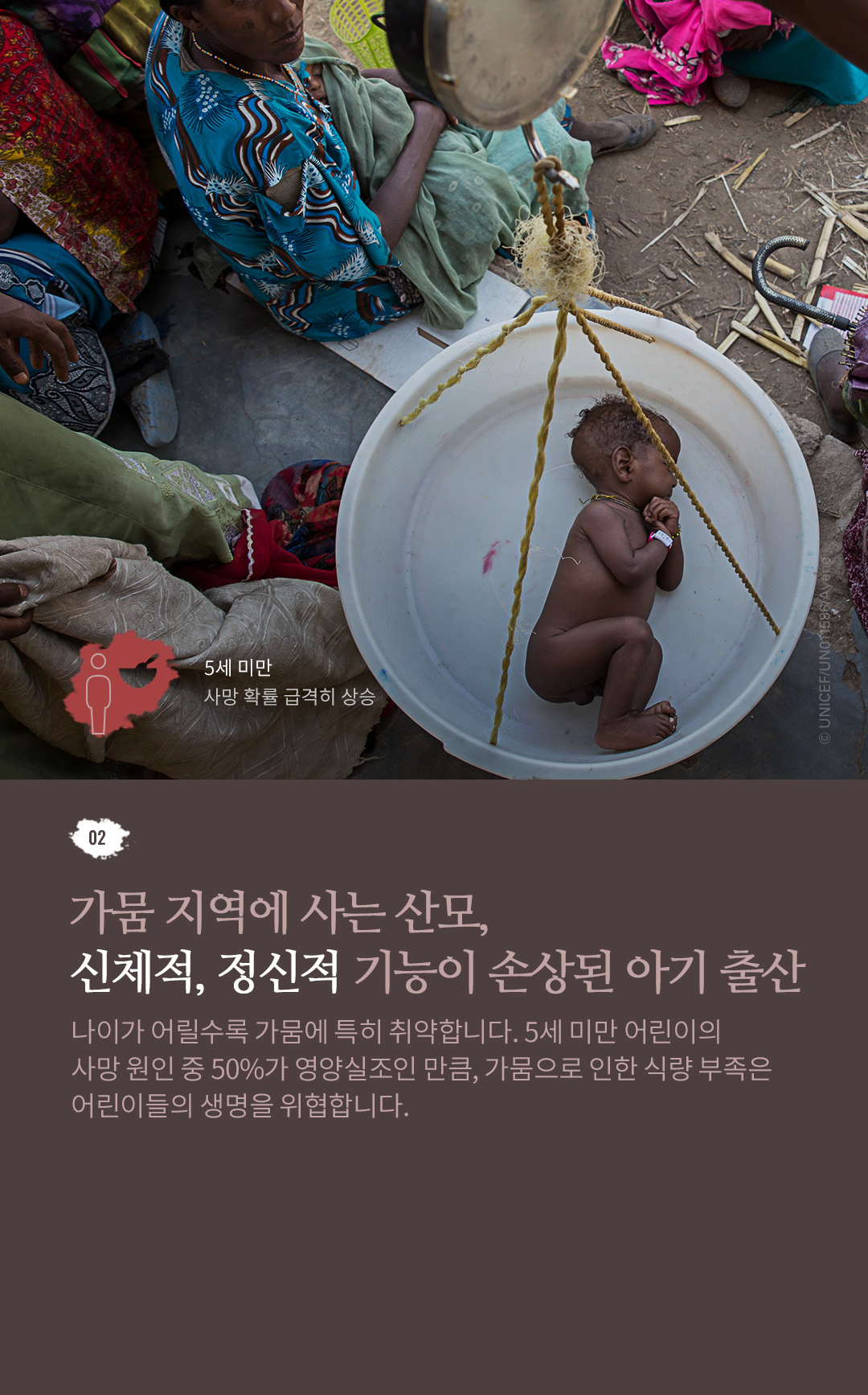 02. 가뭄 지역에 사는 산모, 신체적, 정신적 기능이 손상된 아기 출산 나이가 어릴수록 가뭄에 특히 취약합니다. 5세 미만
					어린이의 사망 원인 중 50%가 영양실조인 만큼, 가뭄으로 인한 식량 부족은 어린이들의 생명을 위협합니다.